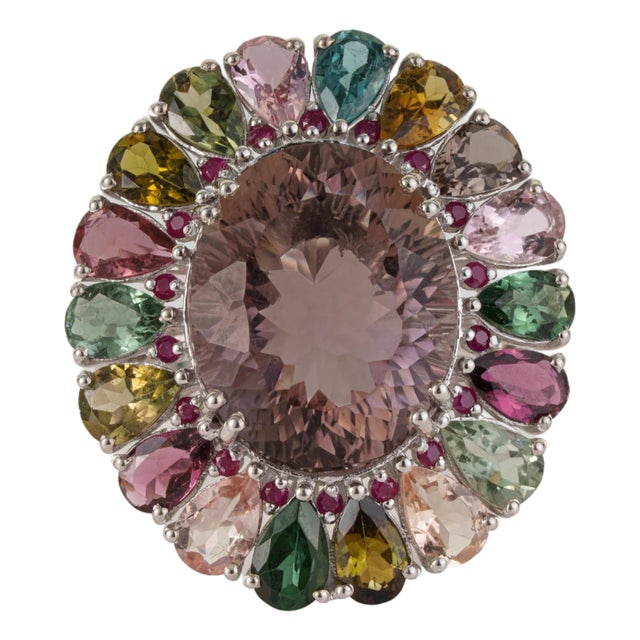 Victorian Inspired 128.4 Ct Ruby & Amethyst Cocktail Ring With Multicolor Tourmaline, Size 7 For Sale