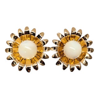 Vintage Signed Napier Goldtone Yellow Cabochon Flower Clip Earrings-2 Pieces For Sale