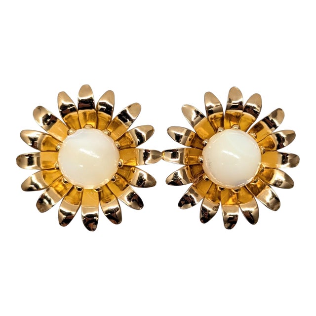 Vintage Signed Napier Goldtone Yellow Cabochon Flower Clip Earrings-2 Pieces For Sale