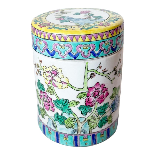 Vintage Famille Rose Porcelain Peony Chinoiserie Tea Jar Canister For Sale