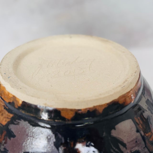 Signed Studio Pottery Bowl | j.a. Ridley 2013 | Drip Glaze Stoneware | Bronze & Black Oil-Spot Glaze | Large Centerpiece Bowl For Sale - Image 9 of 12