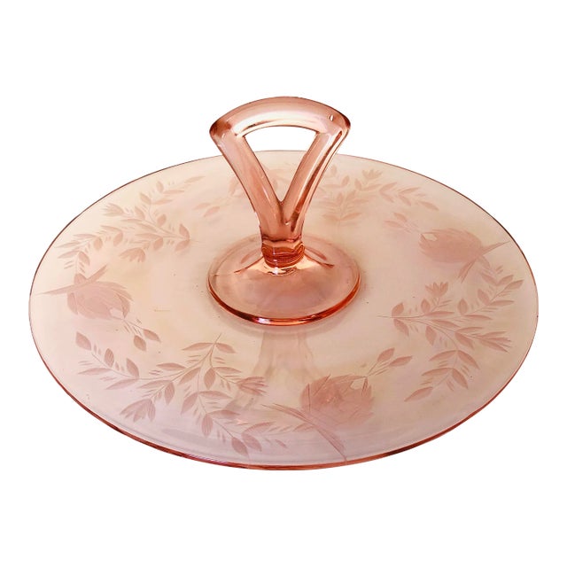 Vintage Pink Depression Glass Handled Tray/ Sandwich Plate For Sale