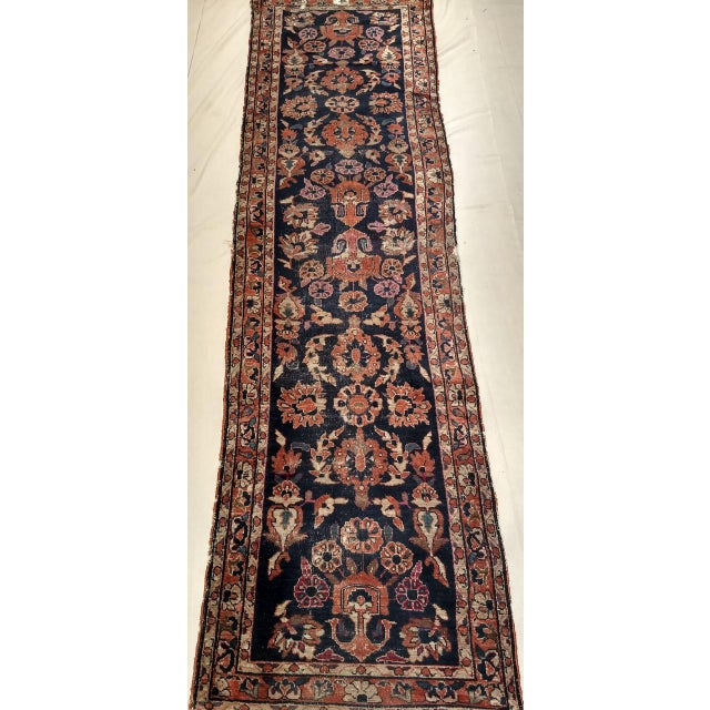 Antique Persian Sarouk Lilian Runner Rug, Hand-Knotted Wool, Floral Pattern, Navy & Red, 3x9 For Sale - Image 9 of 12
