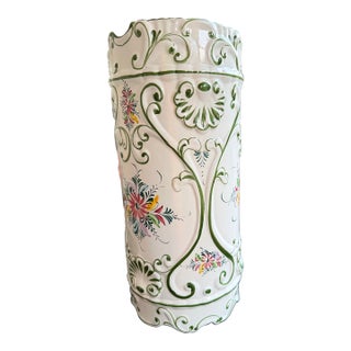 Vintage RCCL Portugal Hand Painted Ceramic Umbrella Stand #379 – Large Floral & Green Scrolls - Mediterranean Chic For Sale