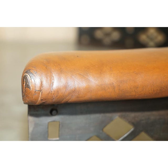 Antique Victorian Demi Lune Brown Leather Club Fender with Pierced Metal, 1880s For Sale - Image 12 of 18