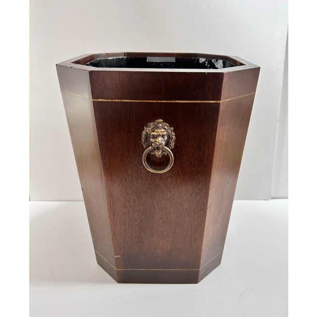 English Vintage Mahogany-Finish Wood Wastebasket With Brass Lion Head Ring Pulls For Sale - Image 3 of 11