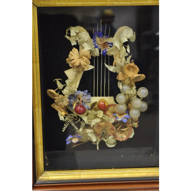 Victorian Antique Victorian Harp Design Flower Mourning Wreath Mahogany Shadow Box Frame For Sale - Image 3 of 11