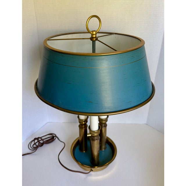 Metal Vintage French Empire Revival Blue Tole and Brass Bouillotte Lamp For Sale - Image 7 of 14