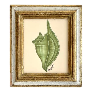 Original Hand-Painted Green Sea Shell Painting Framed in a Vintage For Sale