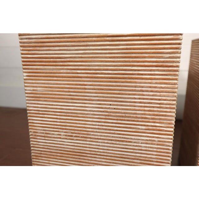 Vintage Pair Sarreid Stool Bench Table Stacked Striped Wood Made in Spain Minimalist Boho Chic Japandi For Sale - Image 10 of 11