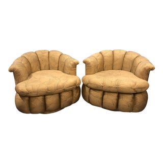1980s Vintage Milo Baughman Style Hollywood Regency Palm Beach Glam Clam Shell Swivel Chairs- a Pair For Sale