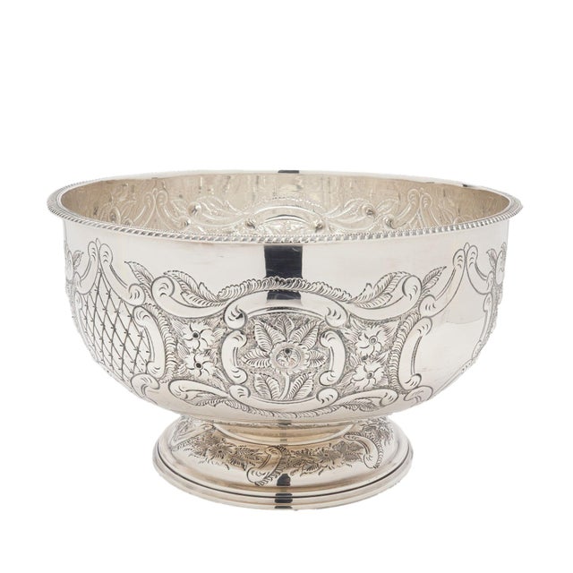 Silver Vintage Hand Chased English Sheffield Punch Bowl & Tray, C. 1900-50 For Sale - Image 8 of 12
