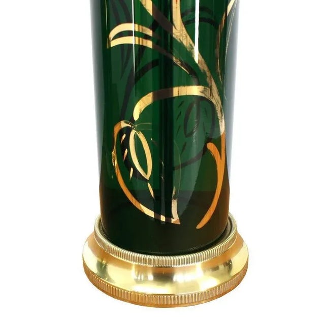 Early 20th Century Early 20th Century Vintage Emerald Green Gold Decorated Cylinder Shape Table Lamps- a Pair For Sale - Image 5 of 9