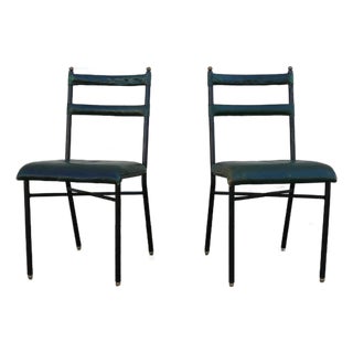 Pair of Jacques Adnet Distressed Green Leather & Black Metal Dining Chairs, France 1950s For Sale