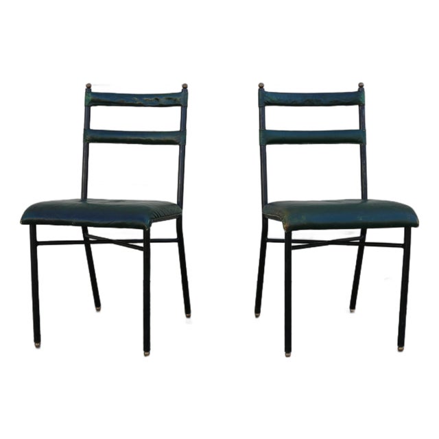 Pair of Jacques Adnet Distressed Green Leather & Black Metal Dining Chairs, France 1950s For Sale