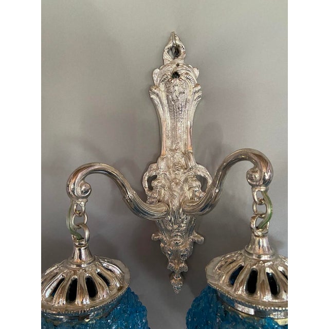 1990s French Louis XVI Silver Bronze Blue Crystal Wall Lamps / Sconces – Pair For Sale - Image 10 of 13