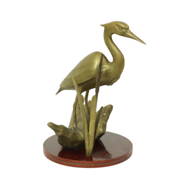 1970s Hollywood Regency Brass Heron Statue on Wooden Base, 1970s For Sale - Image 5 of 16