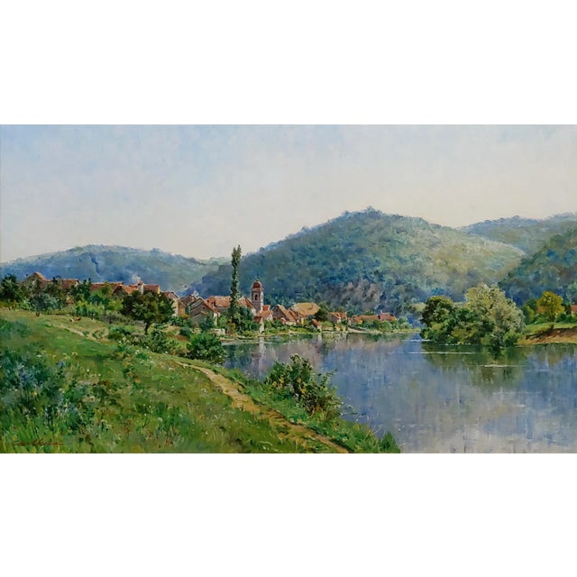 French Mario Carl-Rosa-19th Century Picturesque French Town by the River-Oil Painting For Sale - Image 3 of 12