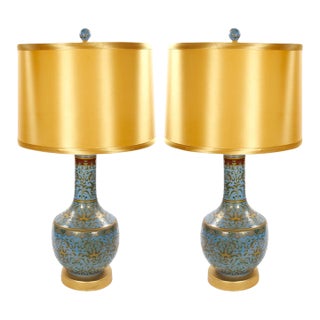 Mid-Century Modern Italian Blue Tapestry-Design Porcelain Table Lamps – Pair For Sale