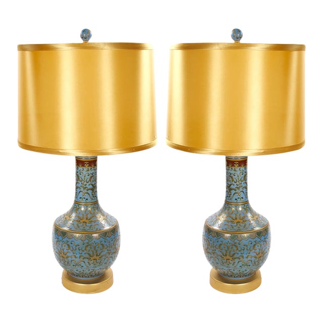 Mid-Century Modern Italian Blue Tapestry-Design Porcelain Table Lamps – Pair For Sale