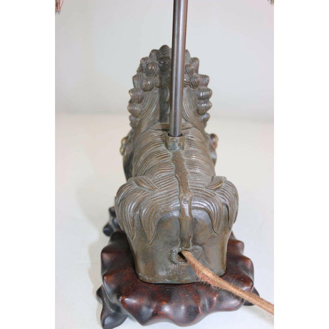 Chinoiserie Rare Exotic 1920s Chinoiserie Lamp of Tasseled Pagoda Shade with Foo Dog Base For Sale - Image 3 of 9