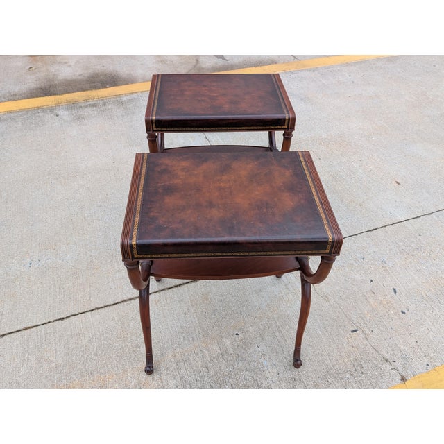 1950s Regency Leather Top Mahogany Side Table With Curule Legs - A Pair For Sale - Image 12 of 16