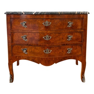 Henredon Villandry French Provincial Louis XV Burl Wood Italian Marble Top Bombe Chest - 3 Drawer Serpentine Commode For Sale