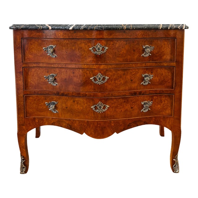 Henredon Villandry French Provincial Louis XV Burl Wood Italian Marble Top Bombe Chest - 3 Drawer Serpentine Commode For Sale