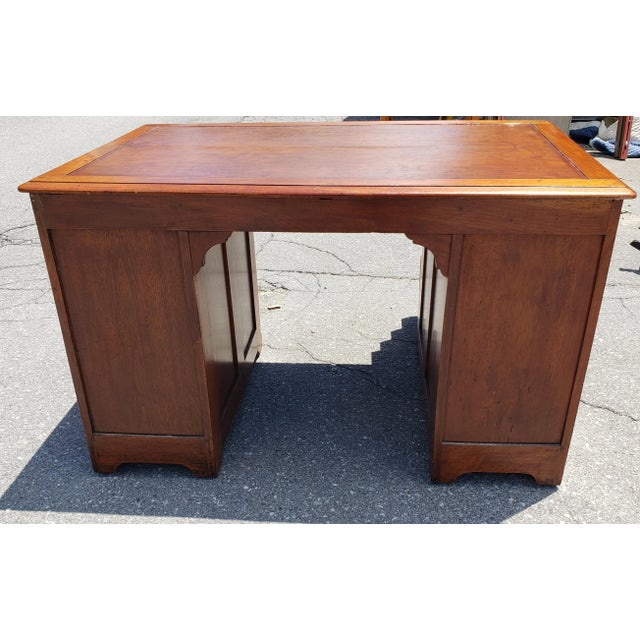 19th Century Refinished Regency Walnut and Maple With Tooled Leather Top Partners Desk For Sale - Image 11 of 12