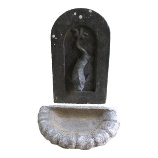 Antique French Ornate Lead Fish Design With Cement Surround & Well Wall Fountain For Sale