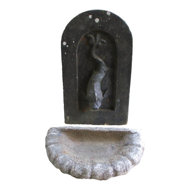 Antique French Ornate Lead Fish Design With Cement Surround & Well Wall Fountain For Sale