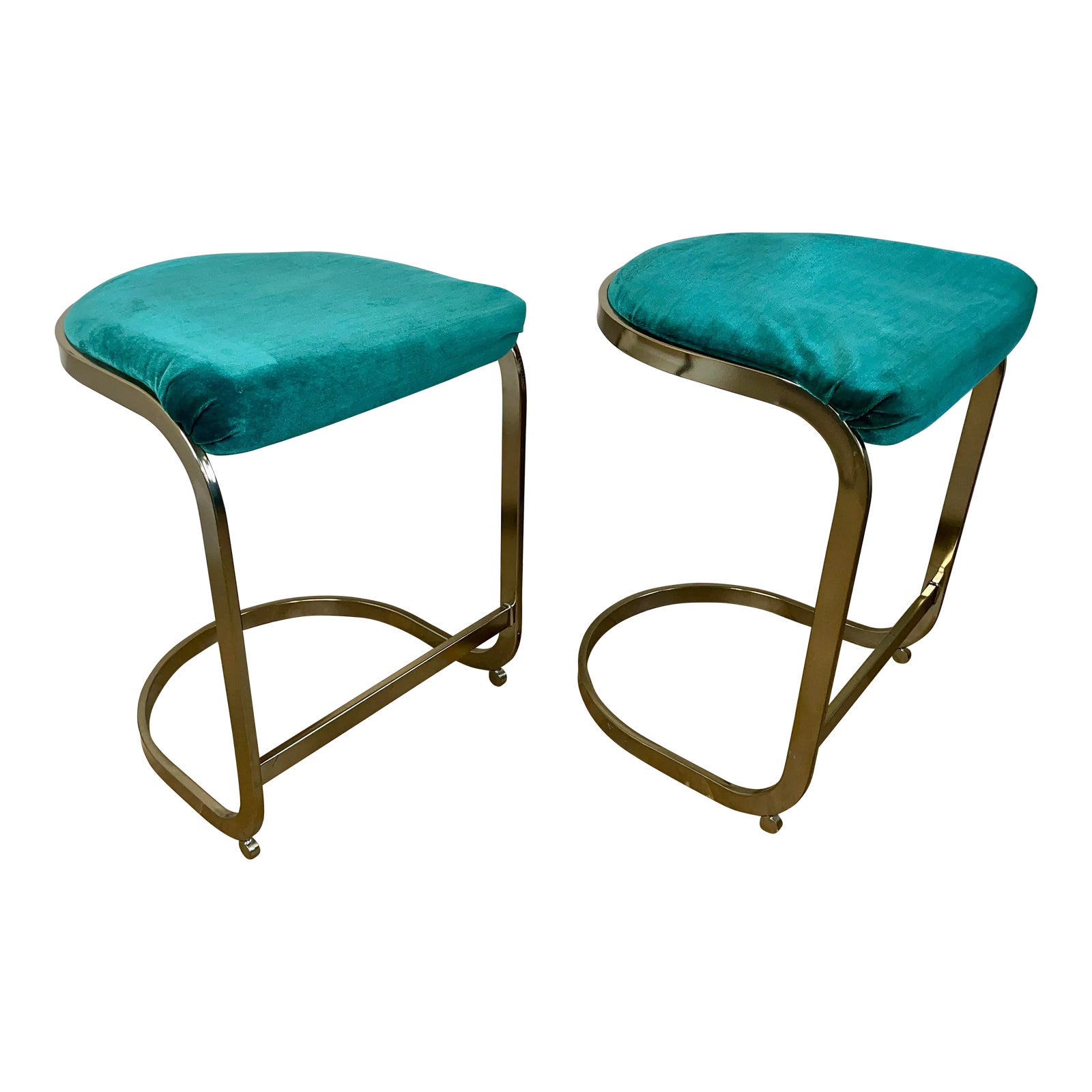Postmodern Cal-Style Cantilevered Teal & Bronze Tone Metal Stools - a ...