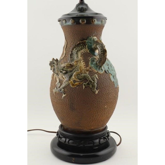 Antique Meiji Period Japanese Sumida Gawa Moriage Dragon Vase Lamp For Sale - Image 4 of 18