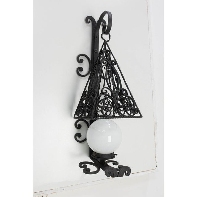 French Sconces in Wrought Iron and Opalin Glass, 1960, Set of 2 For Sale - Image 6 of 18