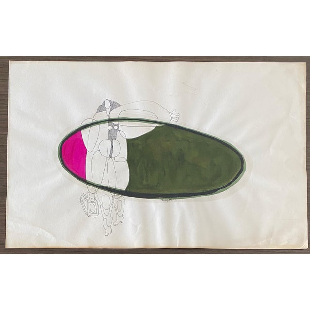 Armando Villagran, Surrealist Latin American Mixed Media Watercolor & Ink - Woman Holding Purse, 1971 For Sale