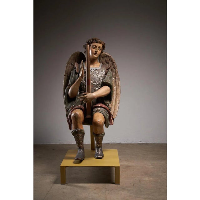 Antique Hand-Painted Wooden Angel and Harp Sculpture For Sale - Image 3 of 11