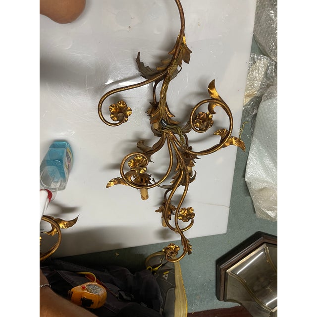 Large Florentine Gold Gilded Tole Sconces, 1960s, Set of 2 For Sale - Image 12 of 13