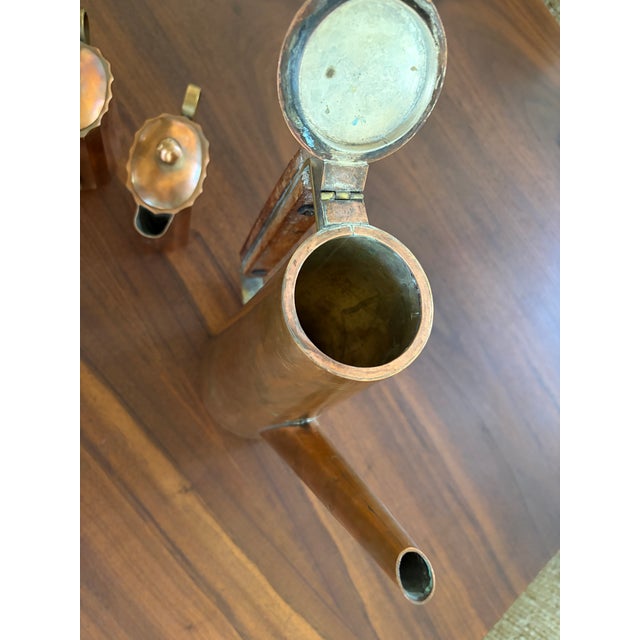 1960s Handcrafted Mid-Century Modern Copper Coffee Service Artisan Studio Brass & Wood Sculptural Design - Set of 3 For Sale - Image 16 of 18