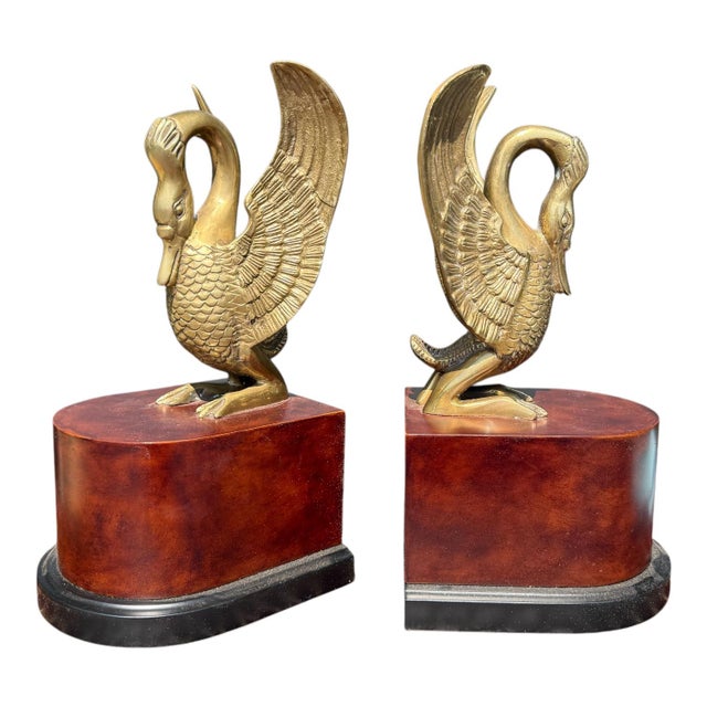 Borghese 20th-C. Italian Neo-Classical Style Brass Swan and Faux Burl Bookends Att. Borghese - Pair For Sale - Image 4 of 6