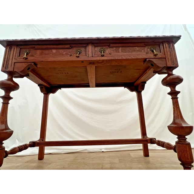 Early 20th Century Victorian Style Desk Two Drawers Quarter Sawed Tiger Oak Petite Size Hand Carved Top For Sale - Image 11 of 11