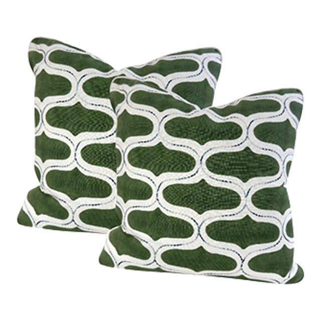 Pair Green With Blue Stitching Abstract Pillows For Sale