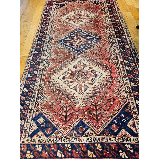 Vintage Shiraz Tribal Area Rug, Hand-Knotted Wool, Geometric Pattern, Rust-Red & Navy, 5x10 For Sale - Image 4 of 11