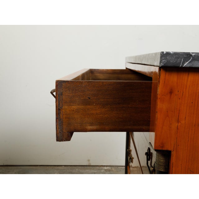 Brown French 1930s Empire Style Walnut Commode with Grey Marble Top and Black Columns For Sale - Image 8 of 12