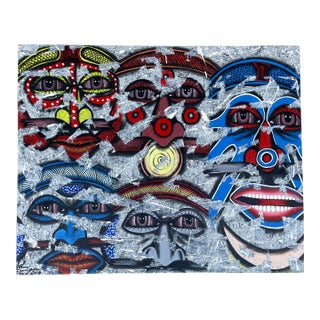 Five Warriors Faces Painting by Papua New Guinea Artist John Danger, Dated 2015 For Sale