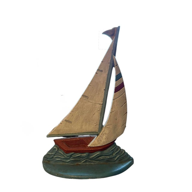White Vintage Sailboat Door Stop Metal Door Stop Vintage Nautical Vintage Door Stop Vintage Statue Cabin Decor Lake Home Beach Home For Sale - Image 8 of 8