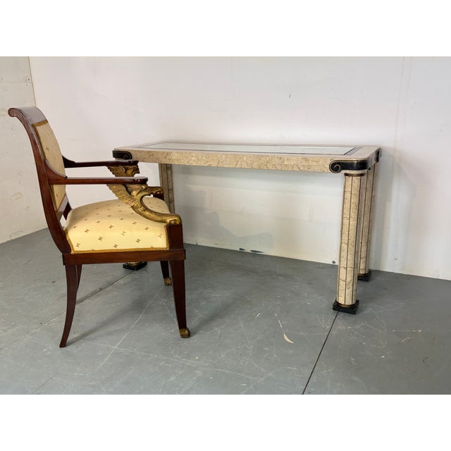 Beige Vintage Italian Style Console Table in Stone Marquetry and Brass Details with Glass Top from Maitland Smith, 1980s For Sale - Image 8 of 16