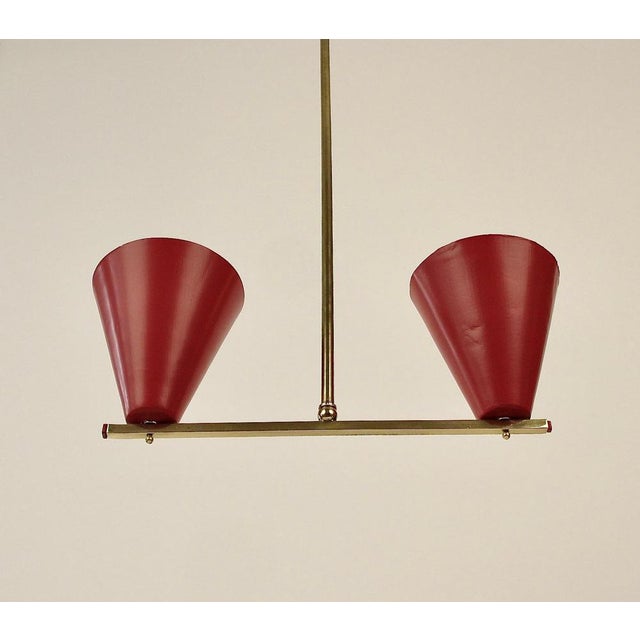 Pendant Lamp with Two Shades in Red and Brass, Czechoslovakia, 1960s For Sale - Image 6 of 12