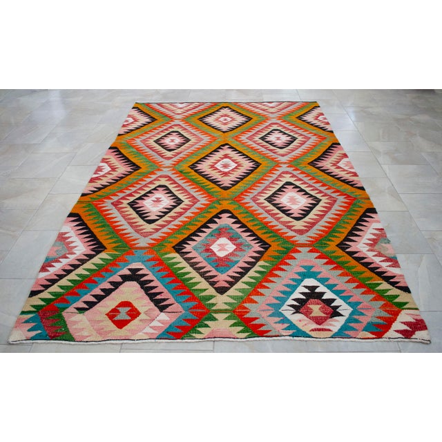 Vintage Turkish Rug Kilim, Handwoven Primitive Tribal Statement, Bohemian Area Rug - 6′4″ X 9′4″ For Sale - Image 9 of 15