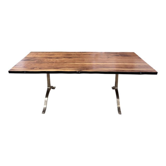 Late 20th Century Tribeca Live Edge Walnut Dining Table With Brass Wishbone Base For Sale