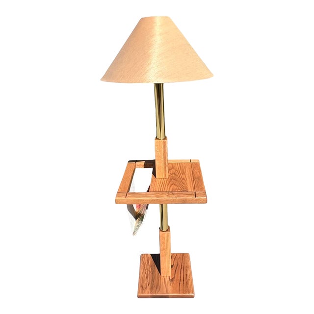 Vintage Mid Century Postmodern 1970s Solid Oak Brass Magazine Table Floor Lamp 1980s Restored For Sale